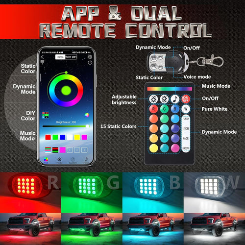 4 Pods RGBW LED Rock Lights for UTV ATV Golf Cart RZR SXS Truck Jeeps off Road, Waterproof Multicolor Neon Underglow Kit with APP/RF Remote Control&Brake Red Function,12V Pure White Underbody Lights