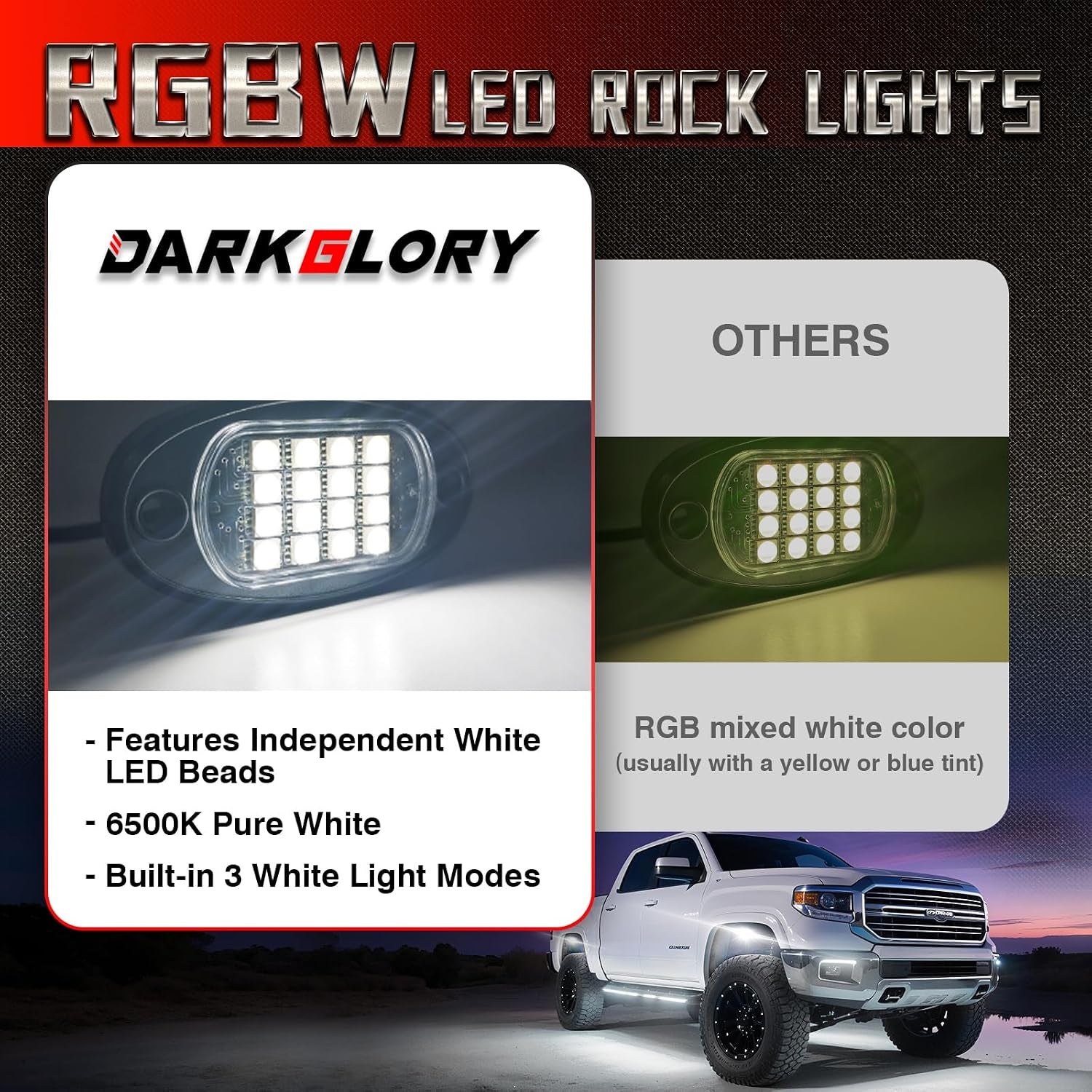 4 Pods RGBW LED Rock Lights for UTV ATV Golf Cart RZR SXS Truck Jeeps off Road, Waterproof Multicolor Neon Underglow Kit with APP/RF Remote Control&Brake Red Function,12V Pure White Underbody Lights