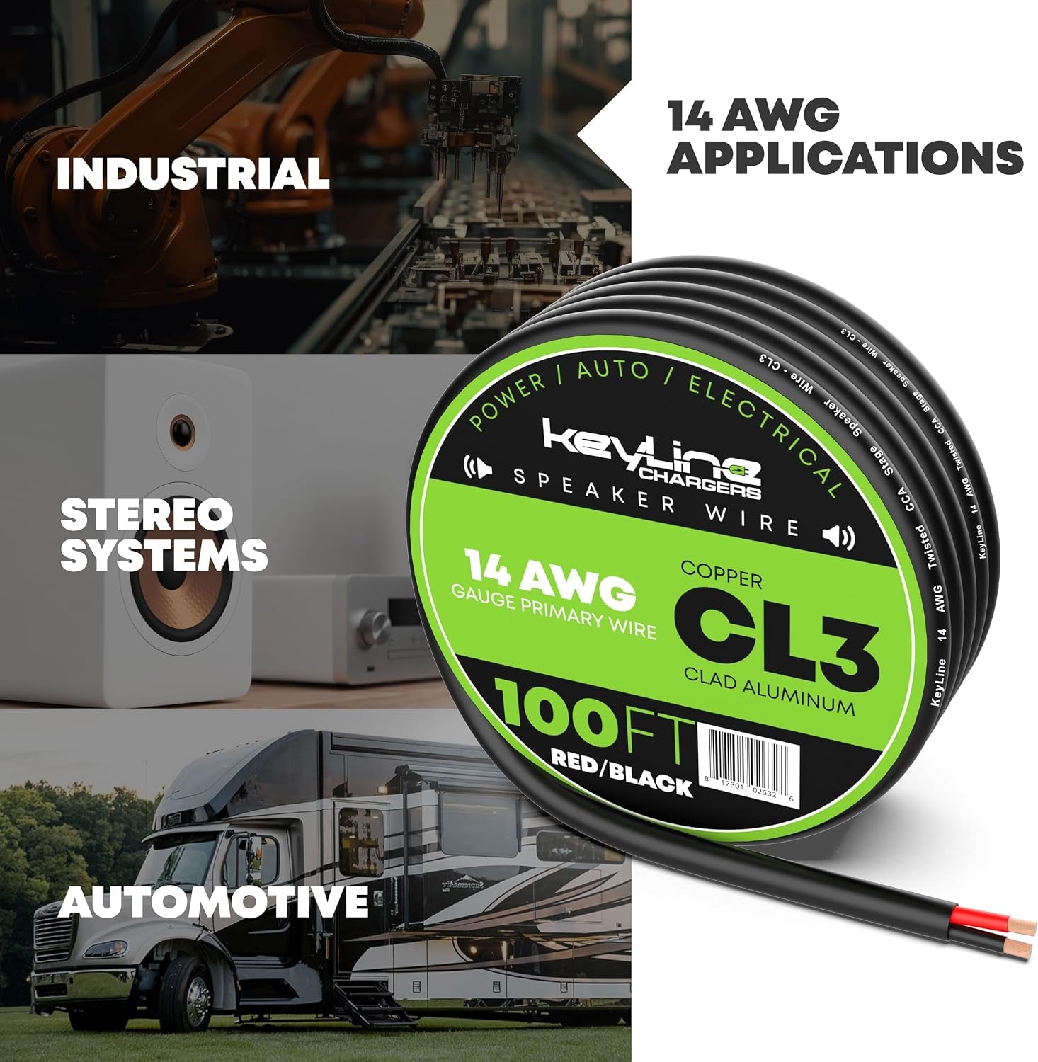 14 Gauge Speaker Wire - 100 Feet Black | 14-2 AWG Gauge - Rated for Marine & Outdoor in Ground Burial & in Wall CL3 CL2, 2 Conductors - CCA Copper Clad Aluminum, Black 100Ft