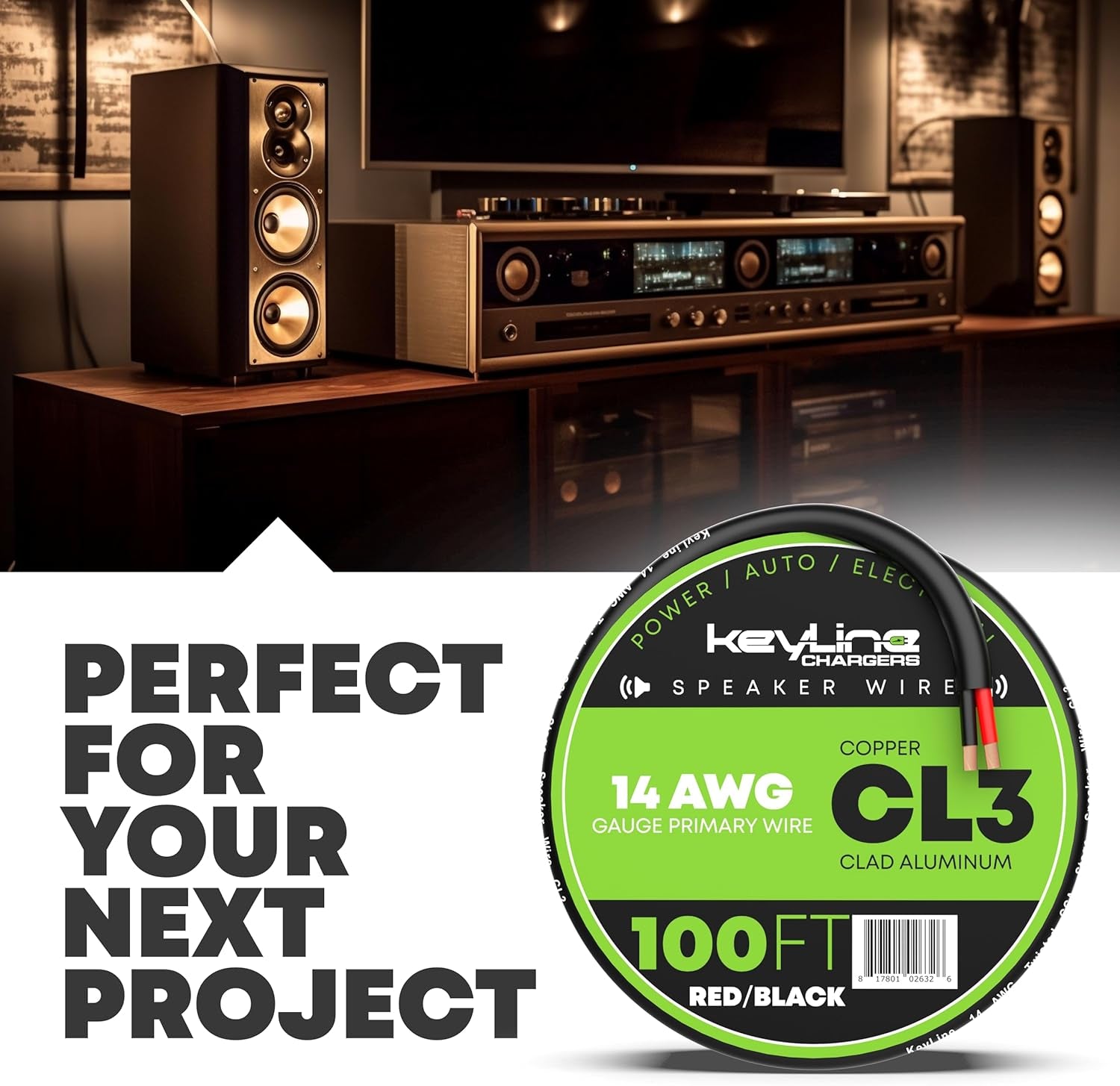 14 Gauge Speaker Wire - 100 Feet Black | 14-2 AWG Gauge - Rated for Marine & Outdoor in Ground Burial & in Wall CL3 CL2, 2 Conductors - CCA Copper Clad Aluminum, Black 100Ft