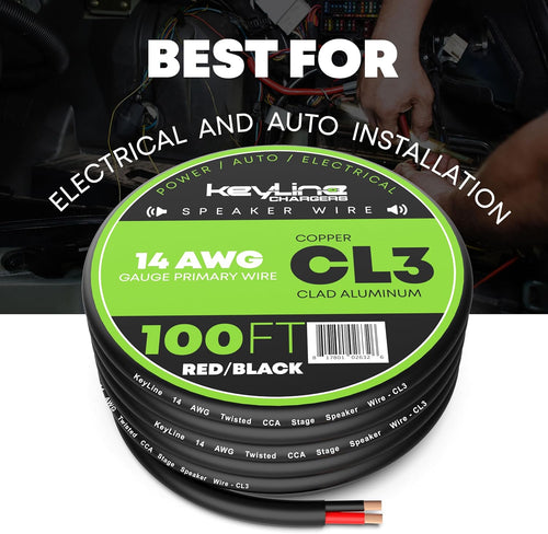 14 Gauge Speaker Wire - 100 Feet Black | 14-2 AWG Gauge - Rated for Marine & Outdoor in Ground Burial & in Wall CL3 CL2, 2 Conductors - CCA Copper Clad Aluminum, Black 100Ft
