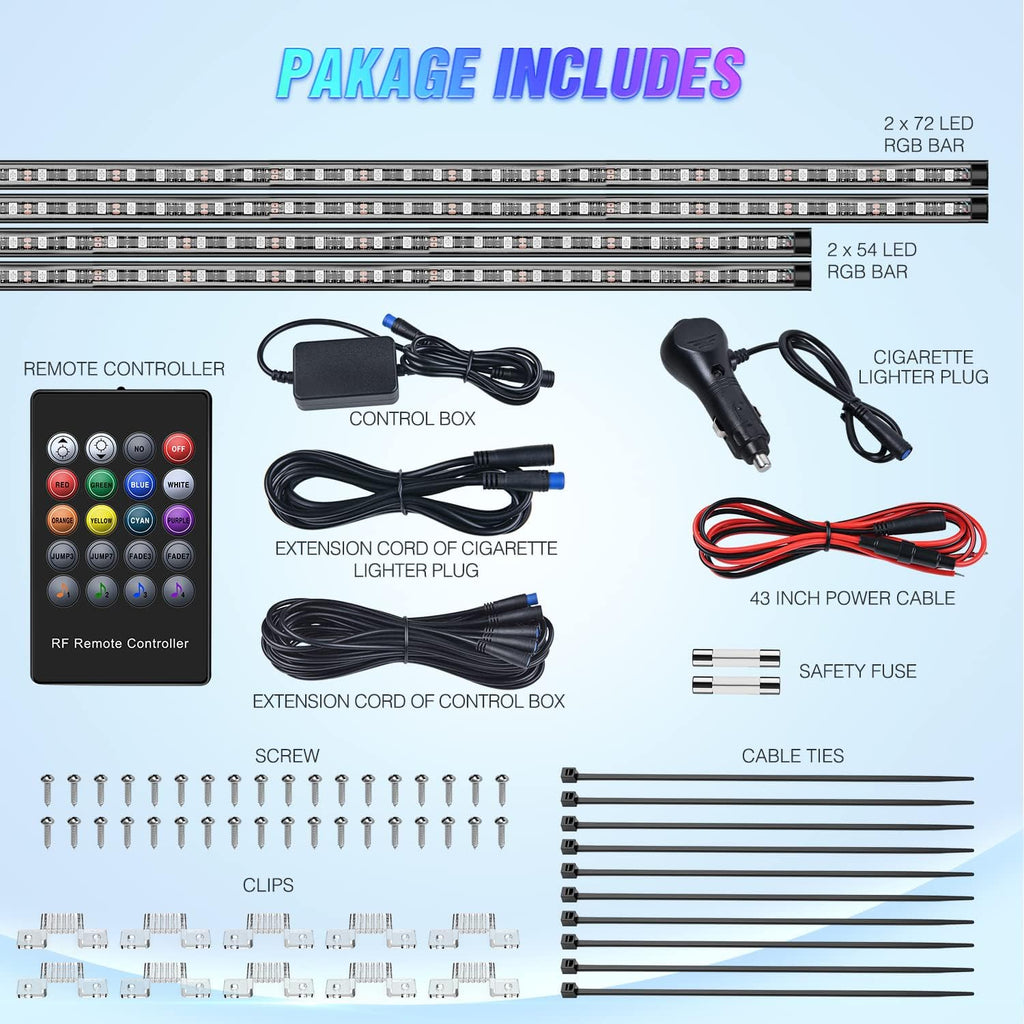 4Pcs Car Underglow Neon Accent Strip Lights 252 Leds RGB 8 Color Sound Active Function Music Mode with Wireless Remote Control Underbody Light Strips for Cars Van SUV Truck
