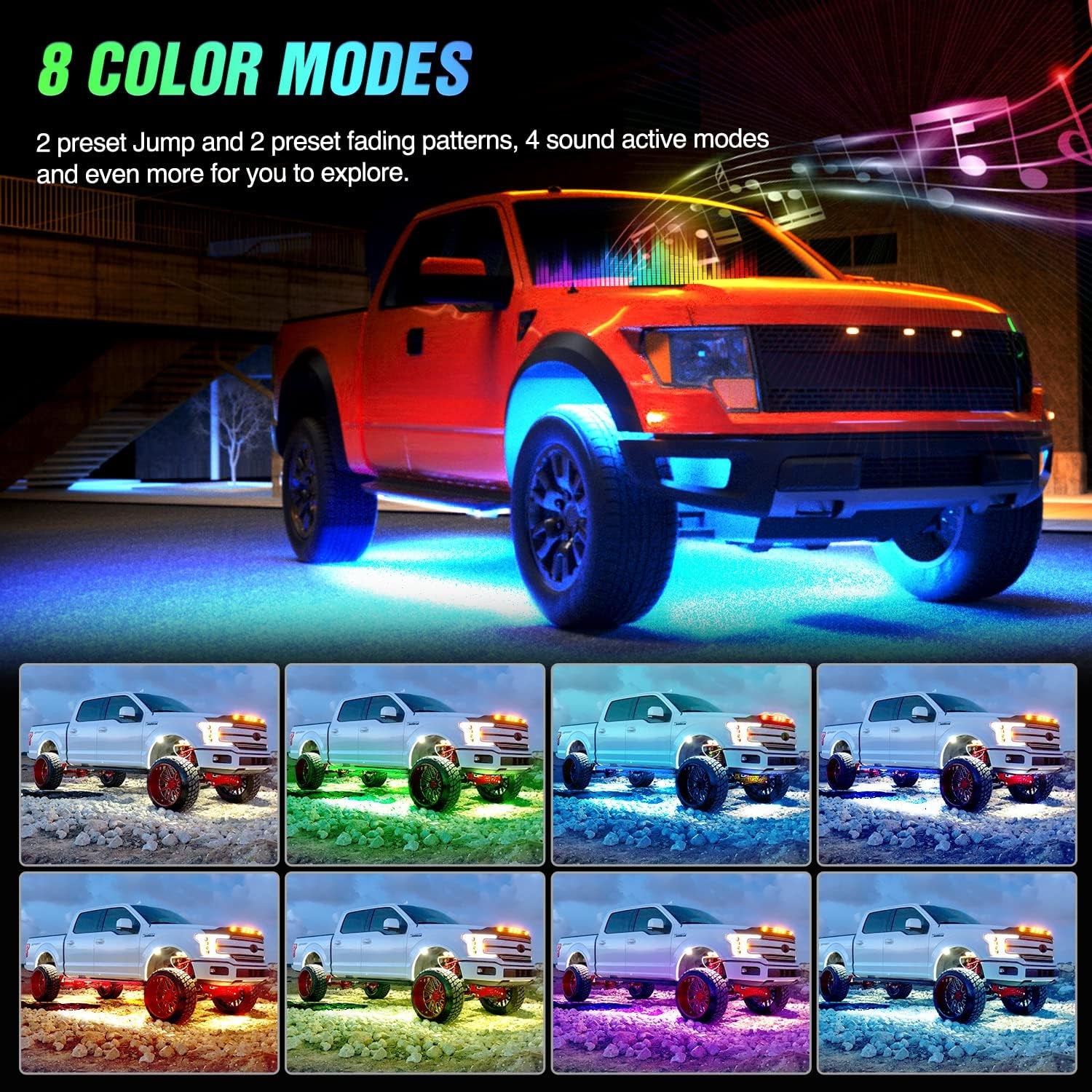 4Pcs Car Underglow Neon Accent Strip Lights 252 Leds RGB 8 Color Sound Active Function Music Mode with Wireless Remote Control Underbody Light Strips for Cars Van SUV Truck