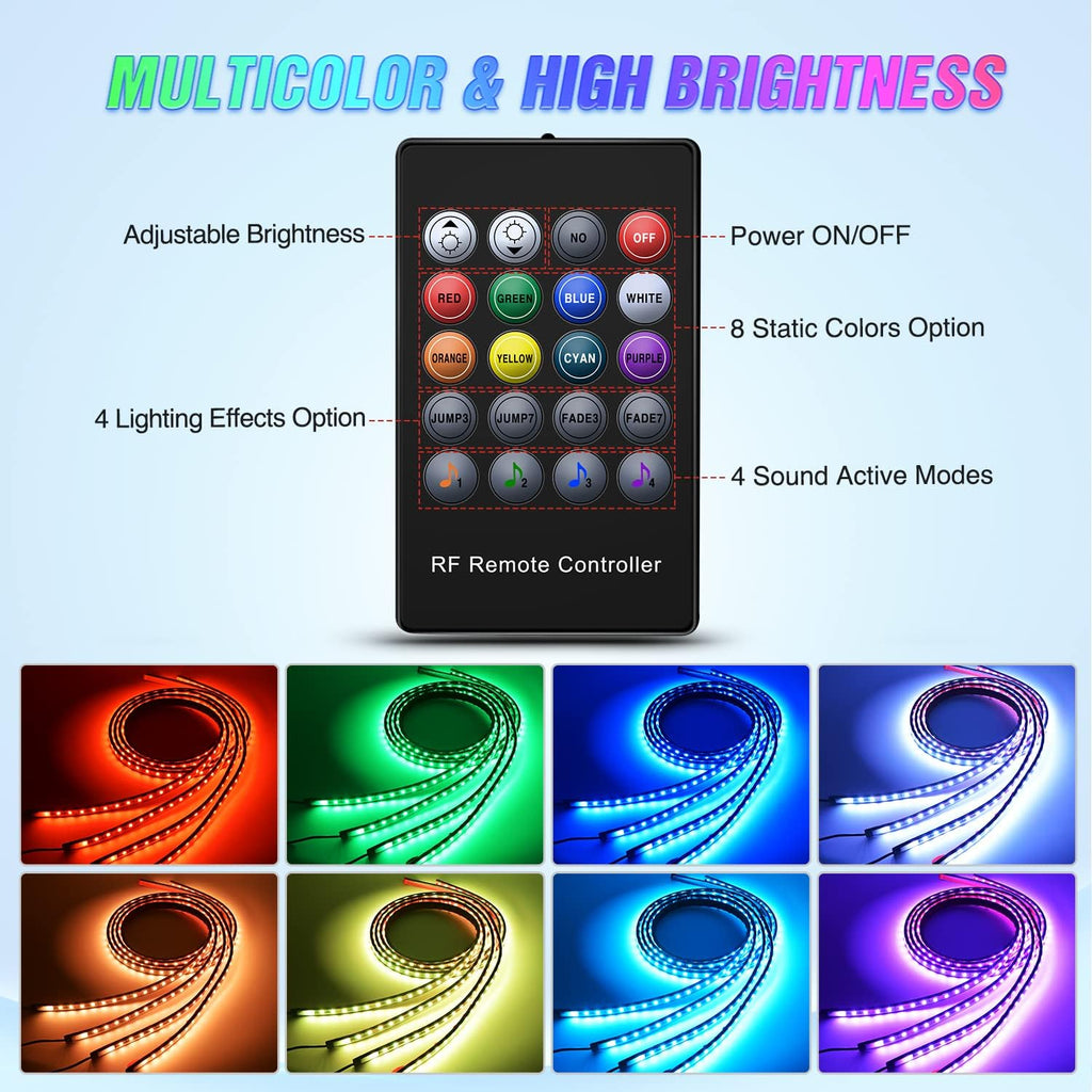 4Pcs Car Underglow Neon Accent Strip Lights 252 Leds RGB 8 Color Sound Active Function Music Mode with Wireless Remote Control Underbody Light Strips for Cars Van SUV Truck