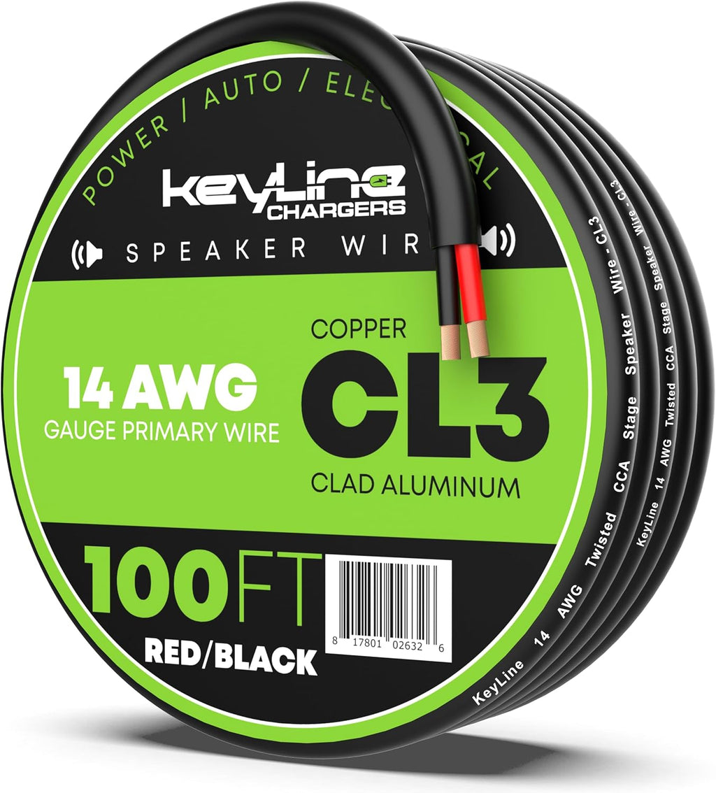 14 Gauge Speaker Wire - 100 Feet Black | 14-2 AWG Gauge - Rated for Marine & Outdoor in Ground Burial & in Wall CL3 CL2, 2 Conductors - CCA Copper Clad Aluminum, Black 100Ft
