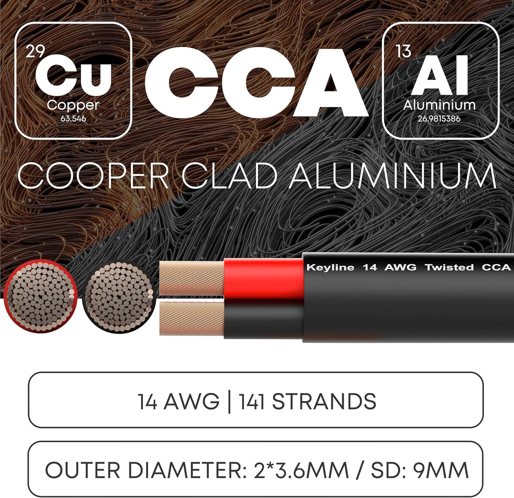 14 Gauge Speaker Wire - 100 Feet Black | 14-2 AWG Gauge - Rated for Marine & Outdoor in Ground Burial & in Wall CL3 CL2, 2 Conductors - CCA Copper Clad Aluminum, Black 100Ft